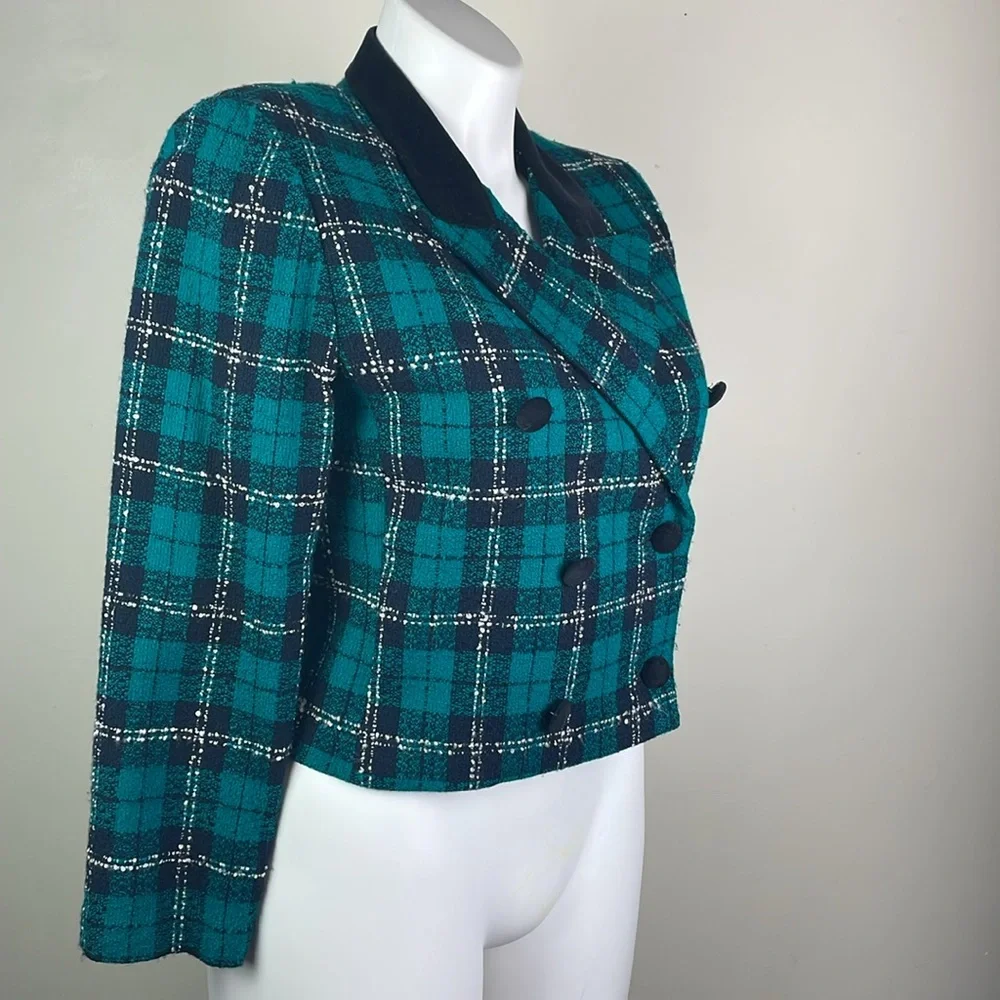 Positive Attitude Vintage Tweed Blazer Velvet Collar Teal Green Plaid